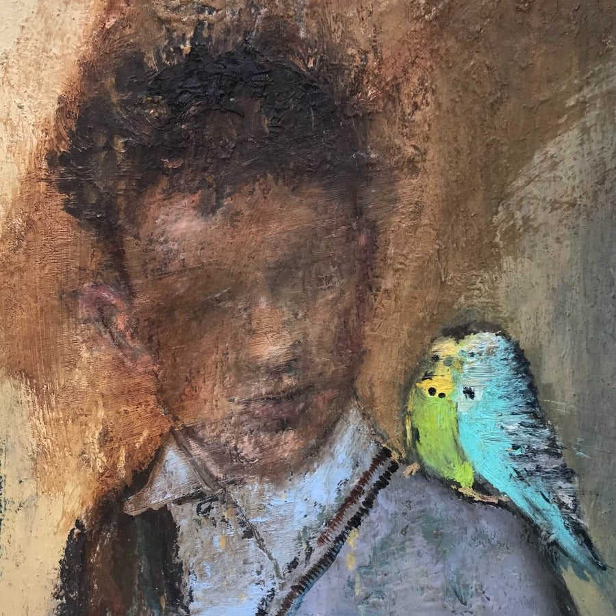Boy with Budgies by Rhonda Smith | Contemporary painting for sale at The Biscuit Factory Newcastle 