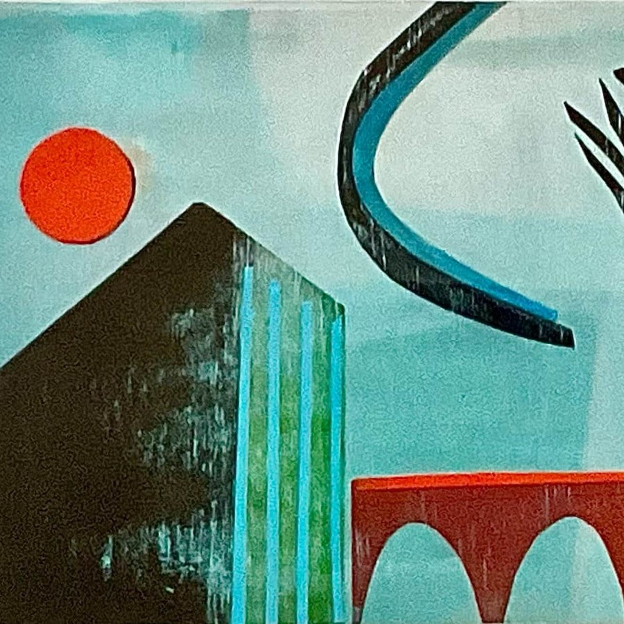 Bridge with Orange Sun by Henrietta Corbett, an abstract mixed media collage. | Contemporary art for sale at The Biscuit Factory Newcastle
