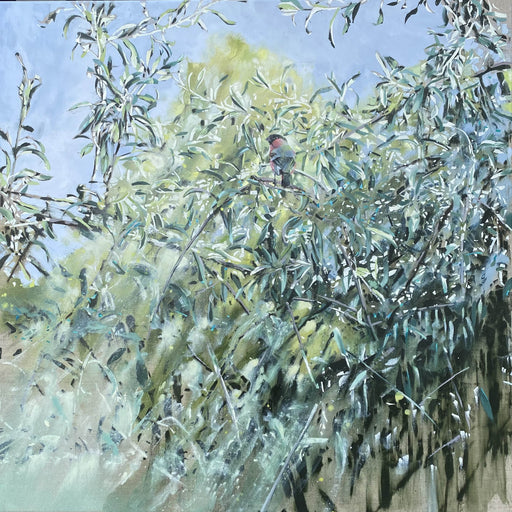 Painting of a bird perched among trees with a blue sky background