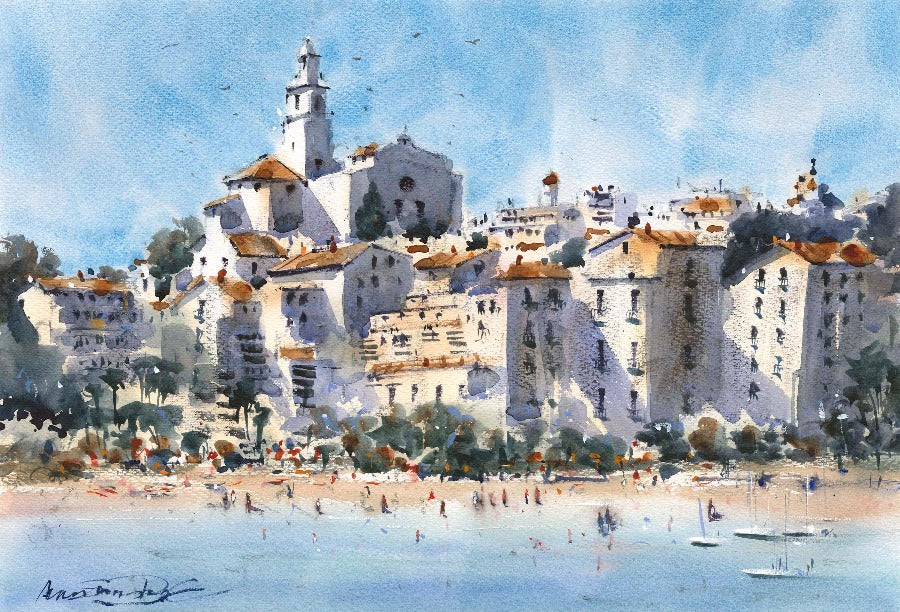 Cadaques II by Alan Smith Page, a limited edition print from an original watercolour of Cadaques in Spain. | Original art for sale at The Biscuit Factory Newcastle