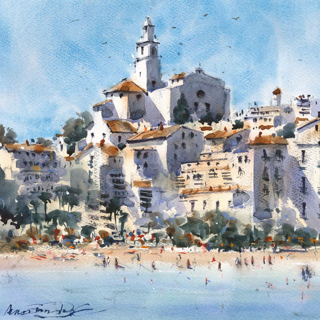 Cadaques II by Alan Smith Page, a limited edition print from an original watercolour of  Cadaques in Spain. | Original art for sale at The Biscuit Factory Newcastle