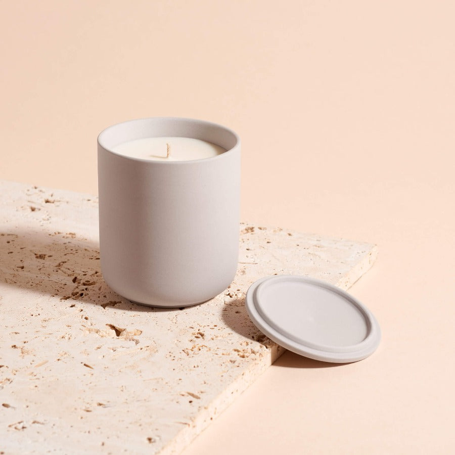 Hand poured candle in a light grey ceramic jar by Lit by Drew | Original gift ideas at The Biscuit Factory Newcastle