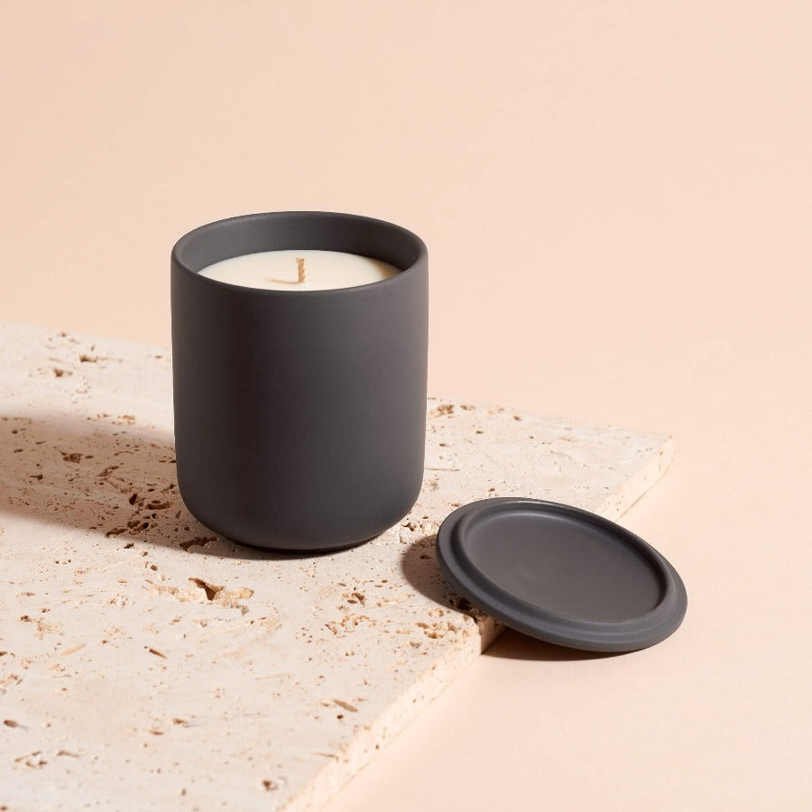 Hand poured candle in a dark grey ceramic jar by Lit by Drew | Original gift ideas at The Biscuit Factory Newcastle