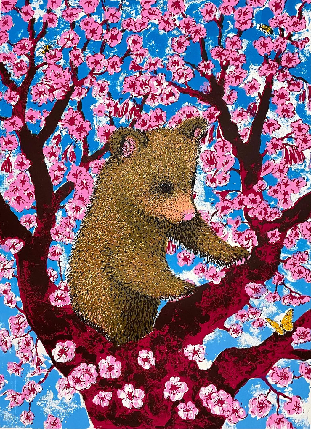 Cherry Blossom Bear by Tim Southall, a limited edition print of a bear on a pink blossom tree