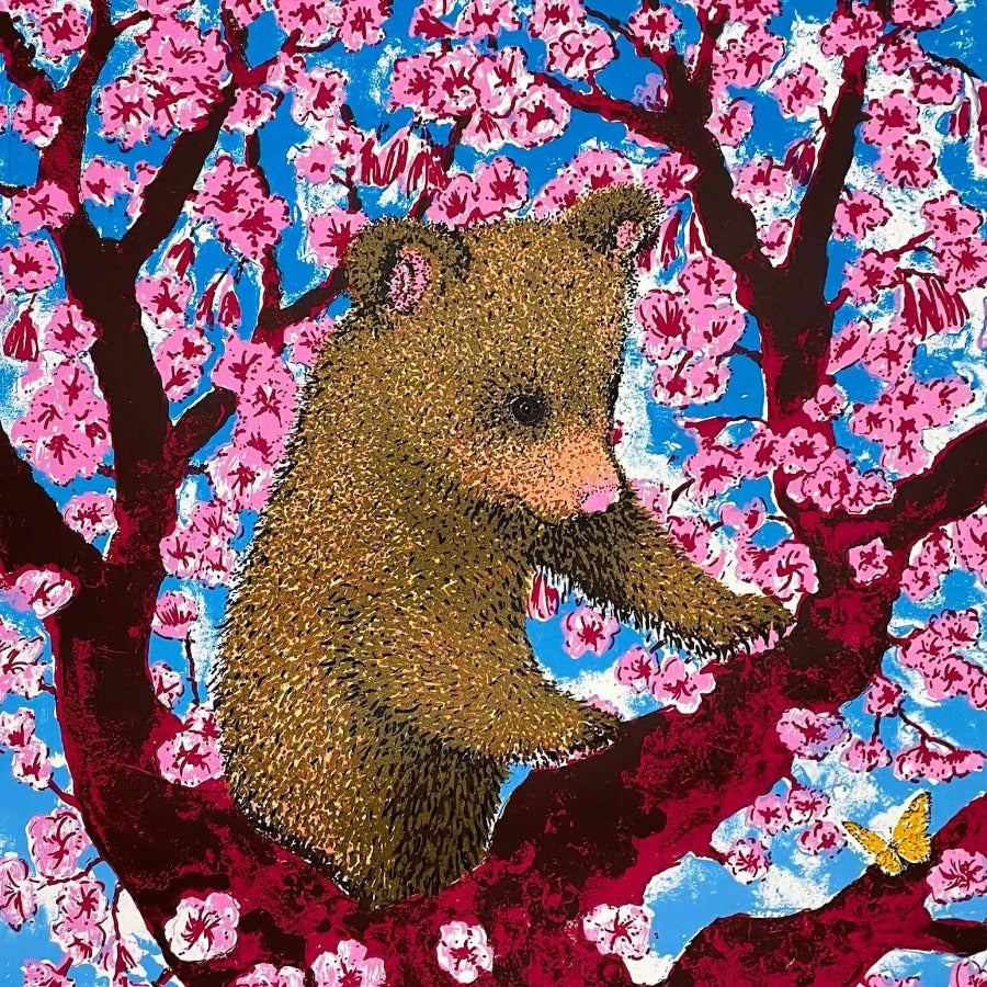 Cherry Blossom Bear by Tim Southall, a limited edition print of a bear on a pink blossom tree