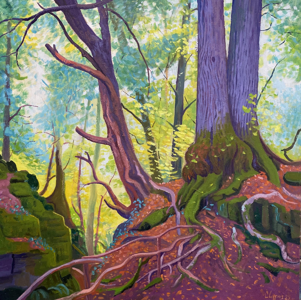 Colorful painting of a forest scene with trees and roots