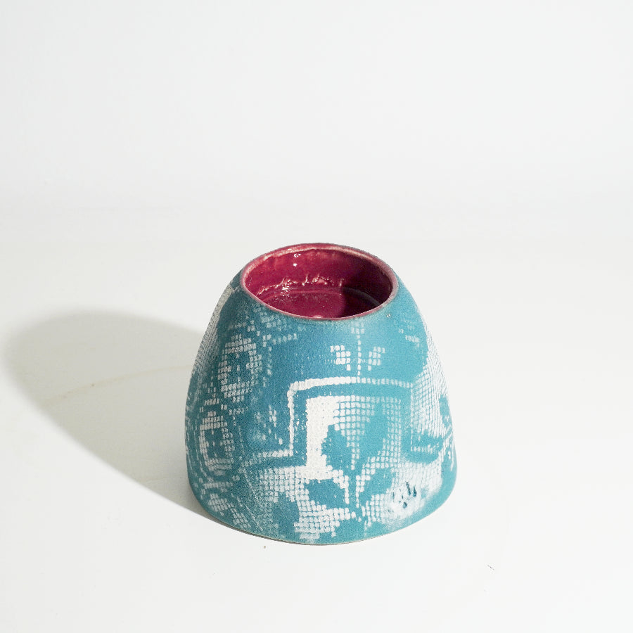 Red and Teal Tealight Holder by Lesley Farrell | Contemporary Ceramics for sale at The Biscuit Factory Newcastle 