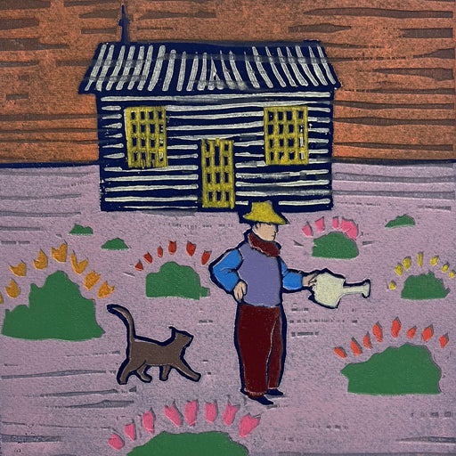 This colourful woodcut print depicts artist and gay rights activist Derek Jarman gardening outside his famous Prospect Cottage, rendered in the distinctive bold lines characteristic of the medium. A brown cat follows close behind him as he tends to his renowned seaside garden, wearing a yellow hat and holding a watering can. 