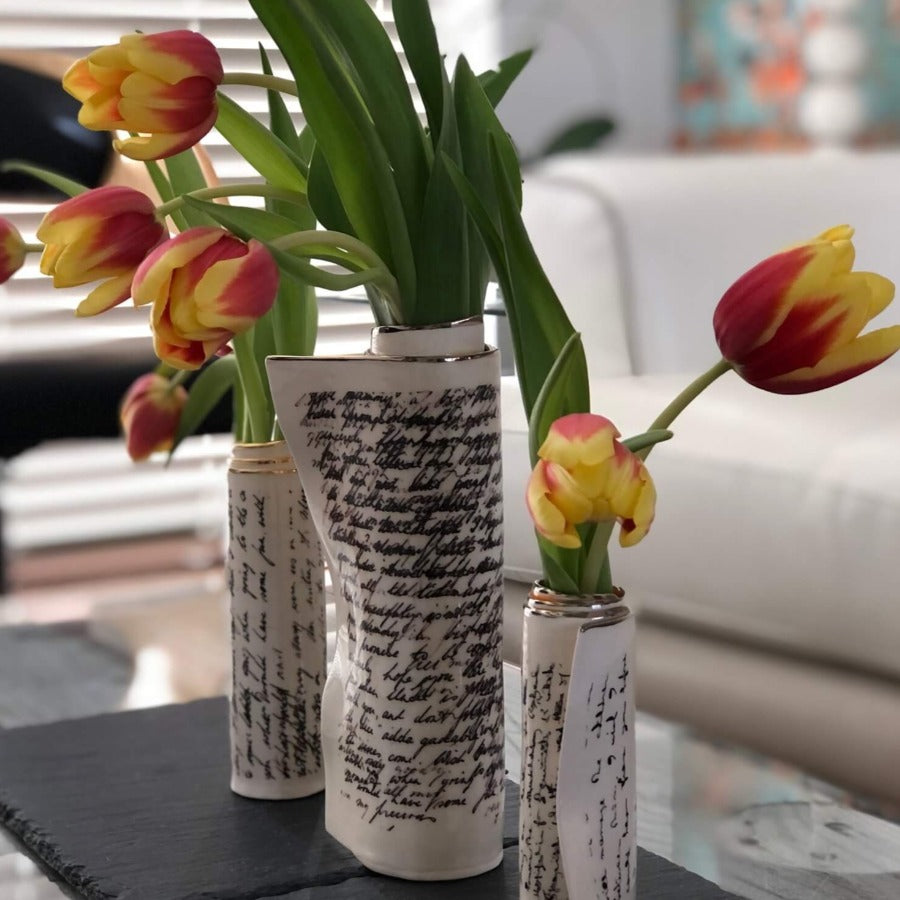 Script Scroll Vase by Diane Griffin Ceramics, handmade ceramic vases with sript decoration. | Original, handmade gifts and homeware for sale at The Biscuit Factory Newcastle
