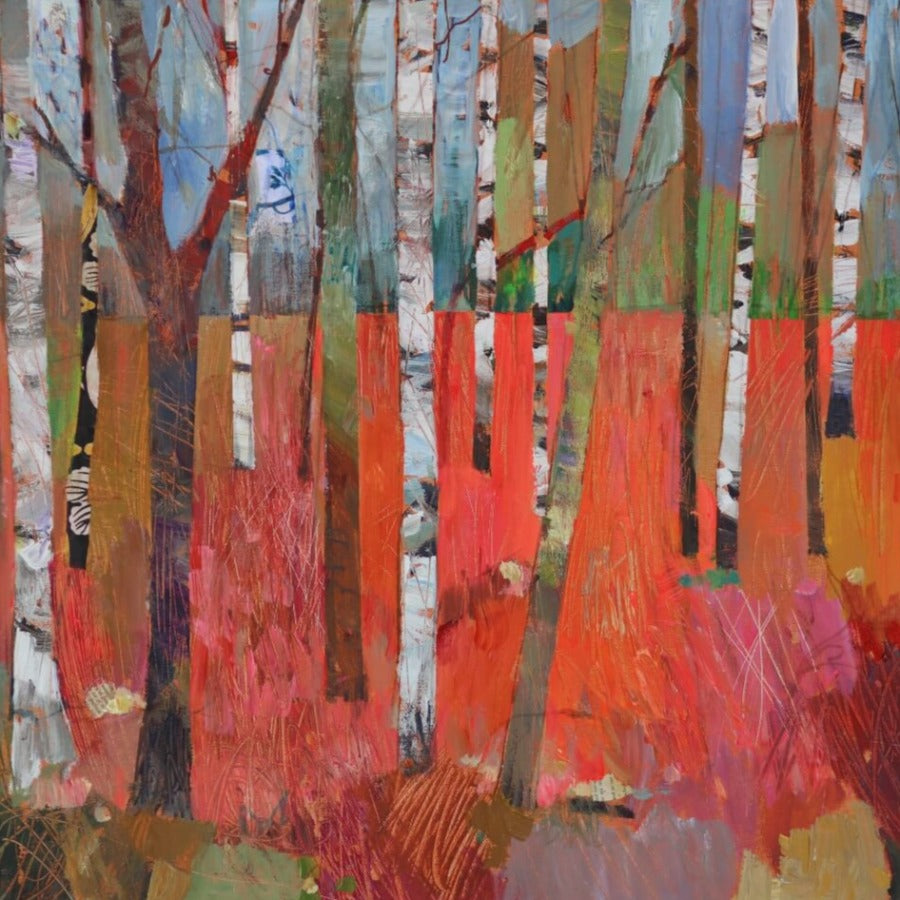 Edge of the Wood by Sally Anne Fitter, an original painting of a forest scene in vivid pinks and greens. | Original landscape art for sale at The Biscuit Factory Newcastle