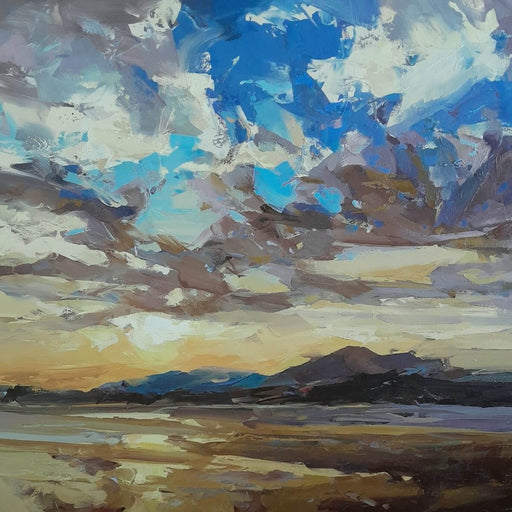 Evening Sun by Angela Edwards an original, expressive landscape paitning in browns and blues | Find original landscape art at The Biscuit Factory Newcastle