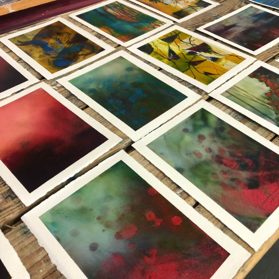 Colourful original paintings created in Paula Dunn's two day Exploring Oil and Cold Wax Workshop. | Art classes at The Biscuit Factory Newcastle