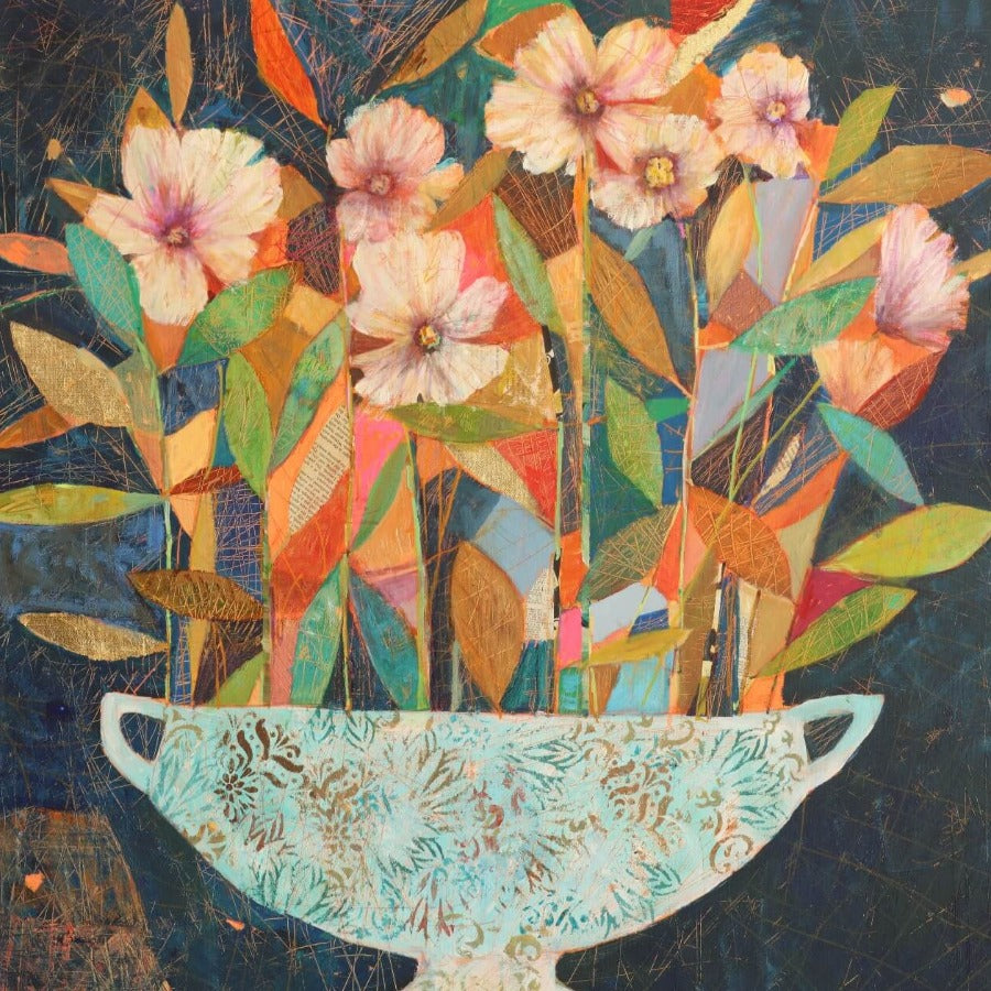 Fading Flowers in Rose Bowl by Sally Anne Fitter. An original floral, still life painting in bright colours . Original still life art for sale at The Biscuit Factory Newcastle