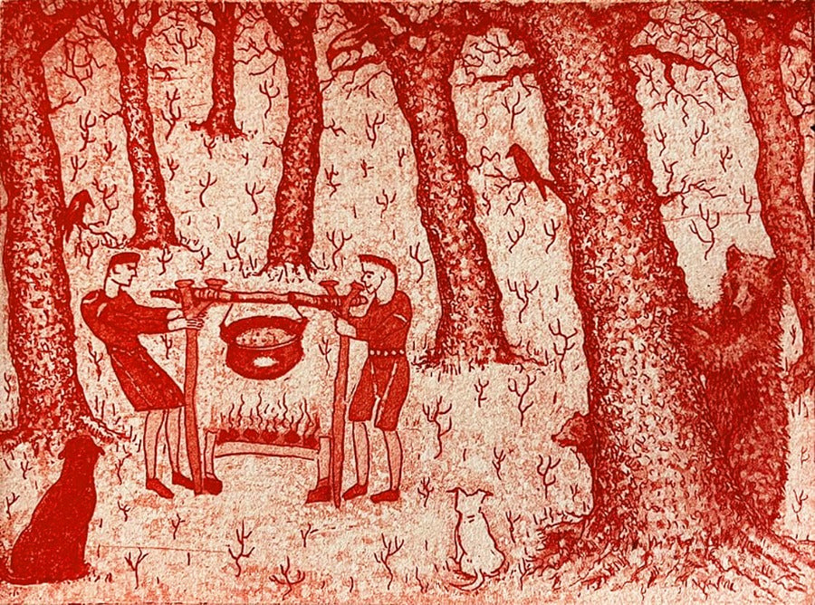 Feast Vermillion by Tim Southall, a limited edition print of a two men in a wood eating