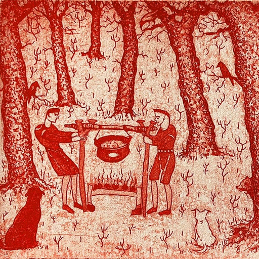 Feast Vermillion by Tim Southall, a limited edition print of a two men in a wood eating