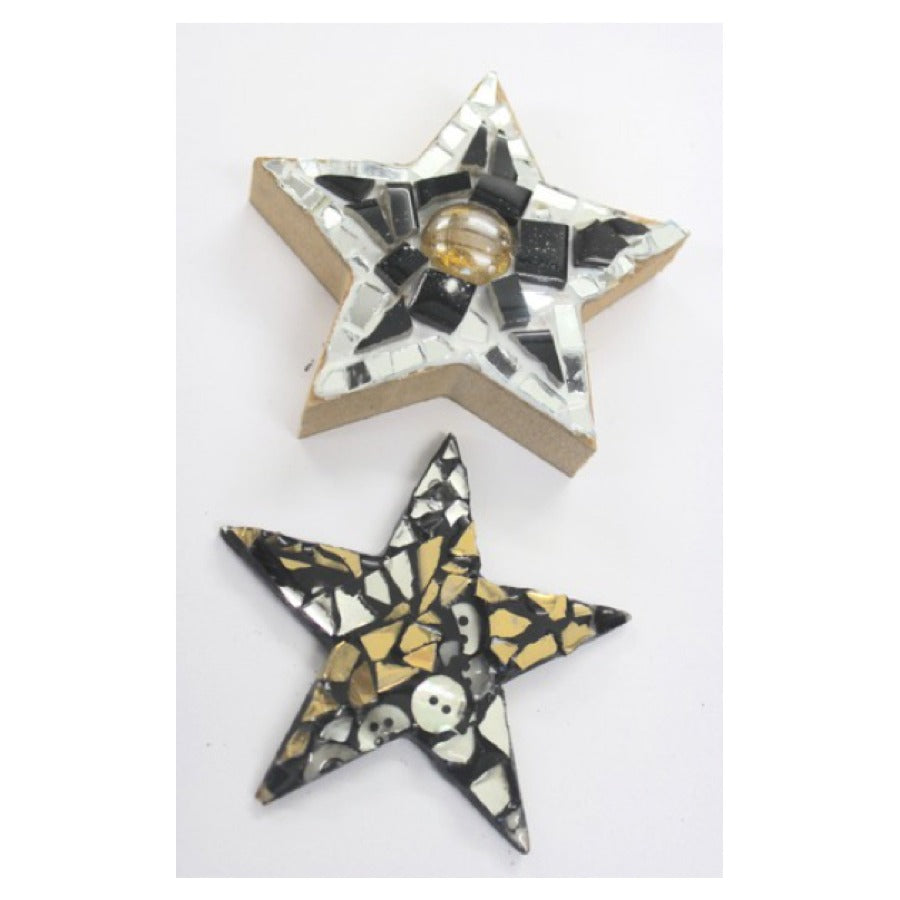 Festive Mosaic workshop by Kim Searle at The Biscuit Factory Newcastle. Two black and white mosaic stars.