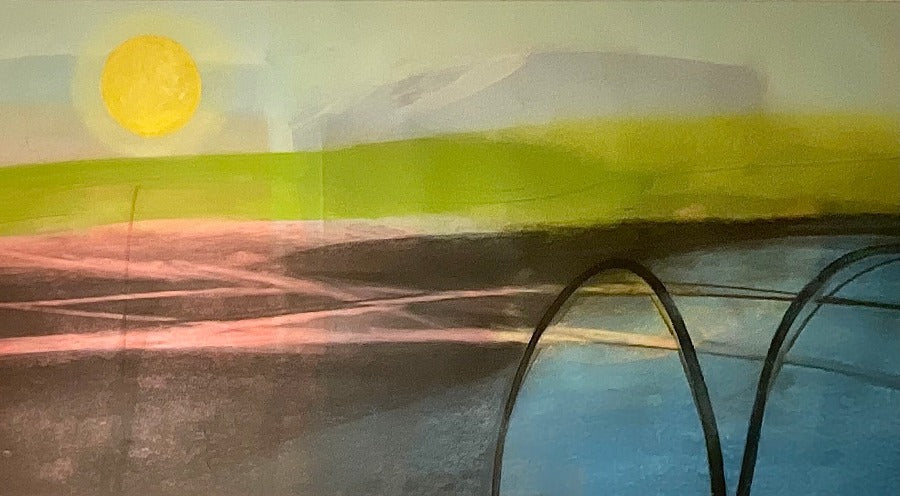 Fields and Rivers by Henrietta Corbett, an abstract landscape painting in acid colours. | Original art for sale at The Biscuit Factory Newcastle