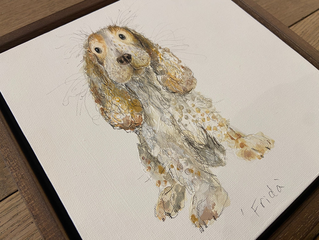 An original illustration/painting of a dog by artist Catherine Rayner in a dark wooden frame.