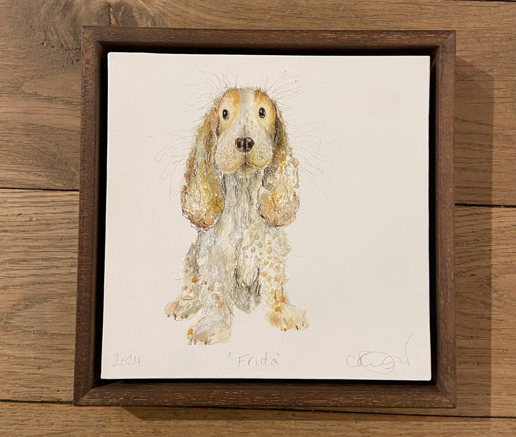 An original illustration/painting of a dog by artist Catherine Rayner in a dark wooden frame.