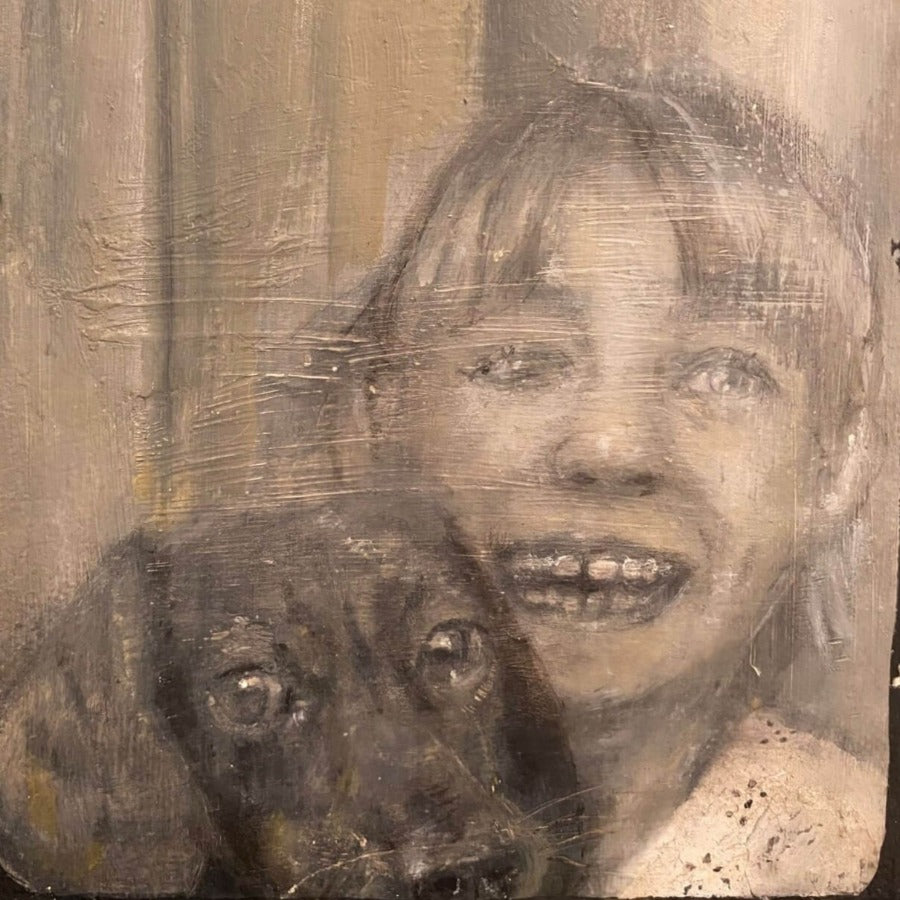 Girl and Dog by Rhonda Smith | Contemporary Painting for sale at The Biscuit Factory Newcastle 