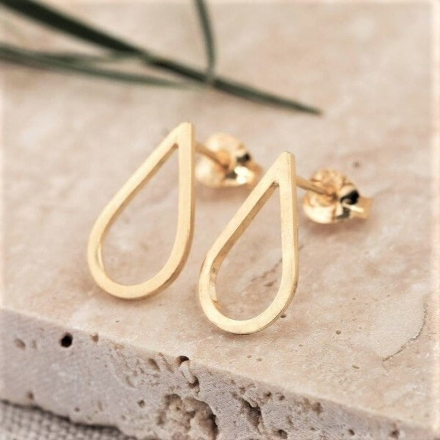 Teardrop Stud Earrings - Gold by Elin Horgan, a pair of teardrop shaped gold stud earrings. | Contemporary handmade jewellery for sale at The Biscuit Factory Newcastle
