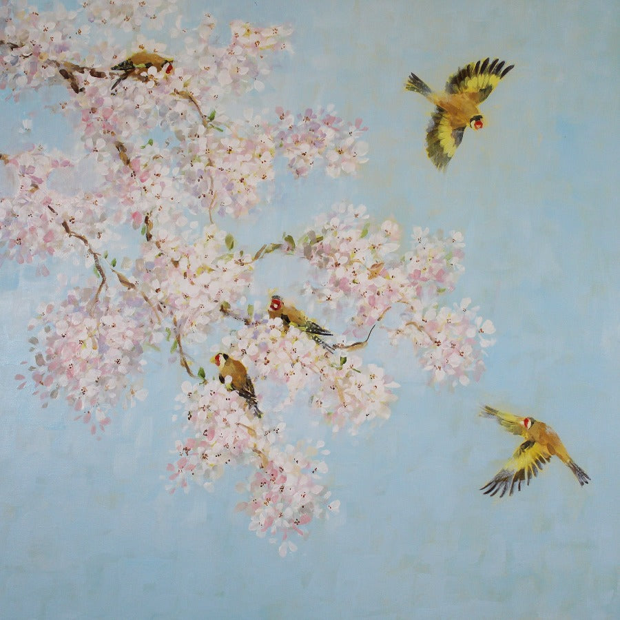 Gold Finches and a Cherry Blossom by Fletcher Prentice | Contemporary Painting for sale at The Biscuit Factory Newcastle 