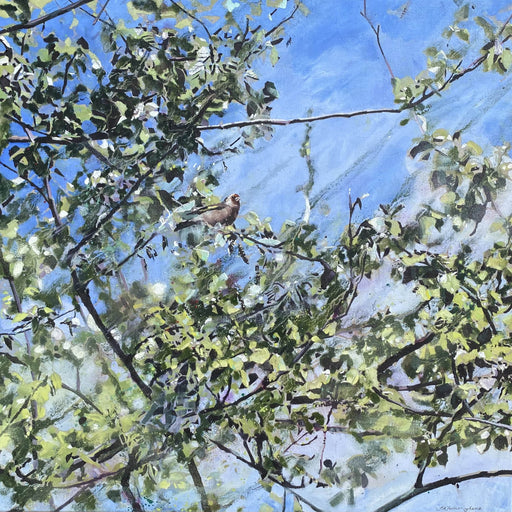 Painting of a bird perched on a branch with a blue sky background