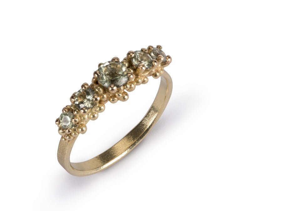 Green Sapphire 5 Stone Cluster Ring by Hannah Bedford | Contemporary Jewellery for sale at The Biscuit Factory Newcastle