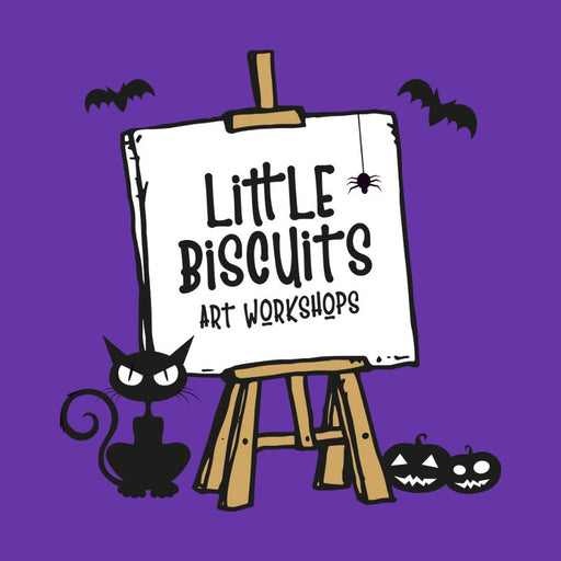 Little Biscuits Children's Art Workshops - Halloween themed workshops for half term at The Biscuit Factory Newxastle | A cartoon of an easel with black bats, pumpkins and a cat.