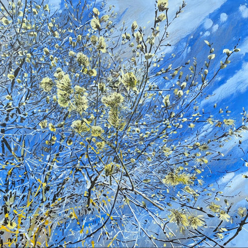 Artistic depiction of branches with yellow buds against a blue sky