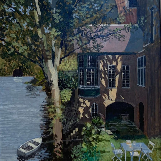 House by the Lake by Mike Hall, an original painting of an old house beside a lake with rowing boat. | Original art for sale at The Biscuit Factory Newcastle