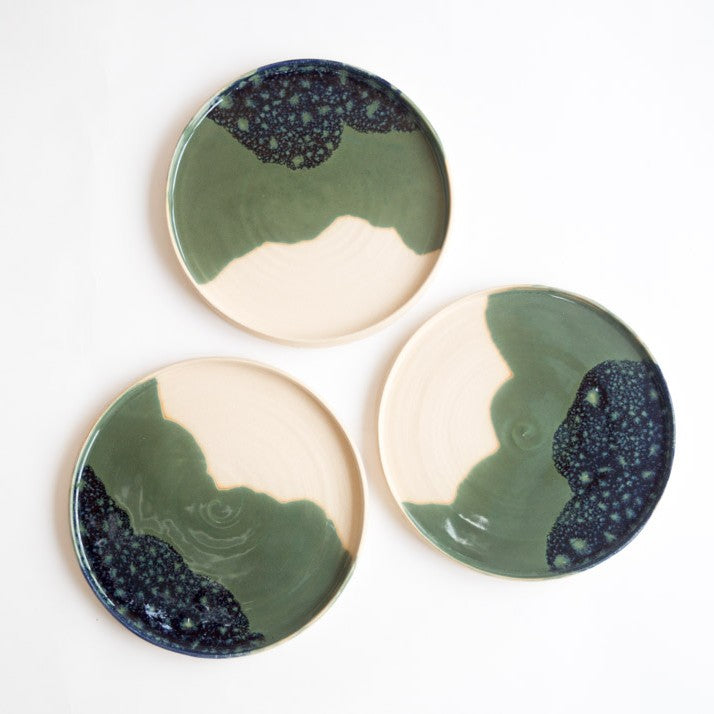 Rockpools plate by Kirsty Adams, three dinner plates with cream, green and blue glaze. | Handmade studio ceramics for sale at The Biscuit Factory Newcastle