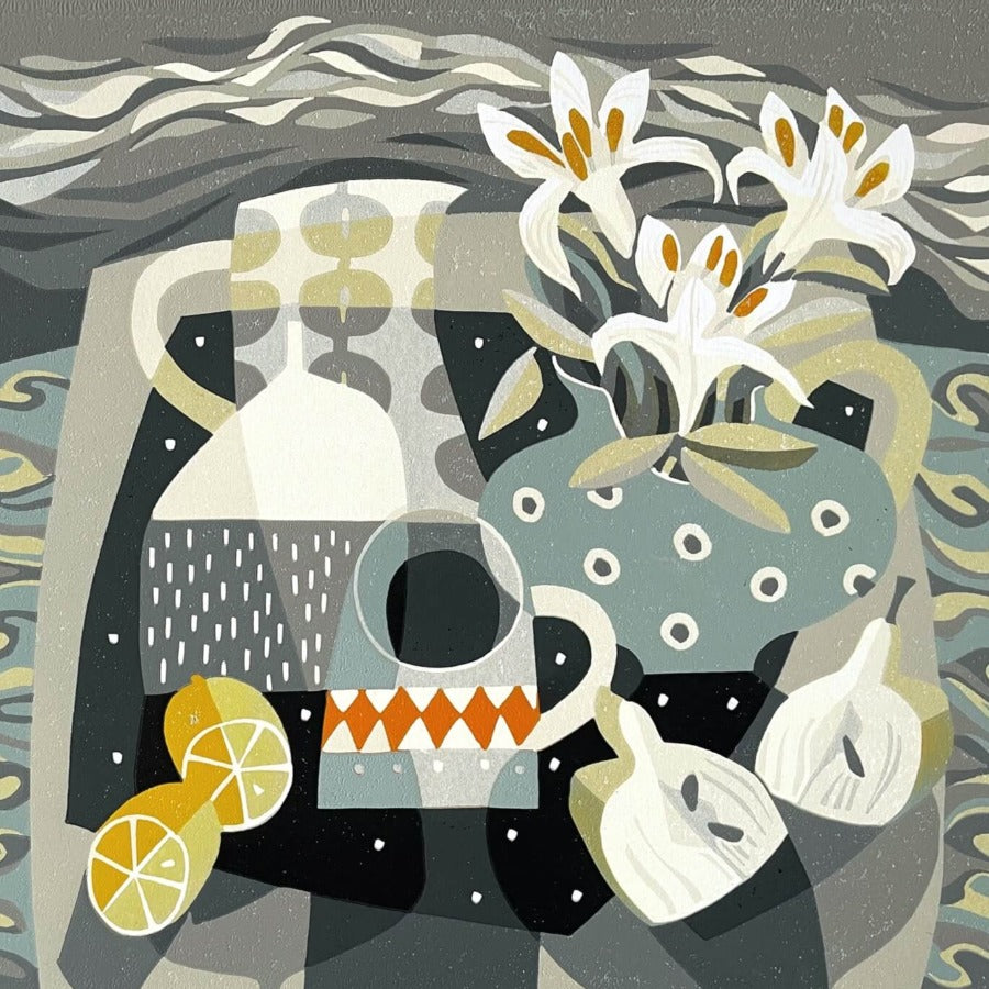 Lemon & Lilies by Jane Walker | Contemporary linocut print for sale at The Biscuit Factory Newcastle 