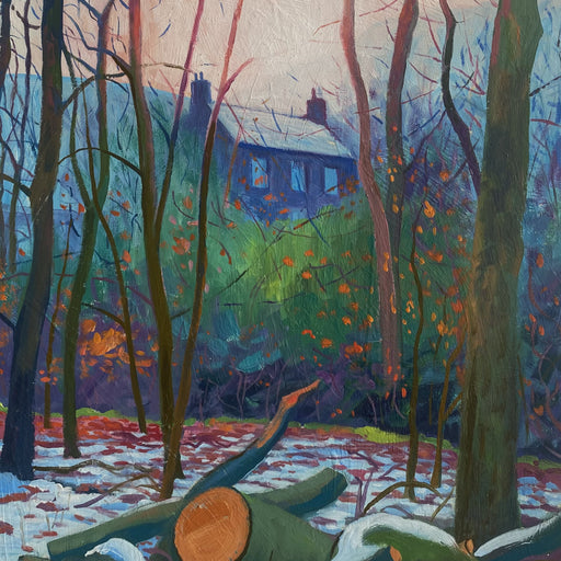 Painting of a forest scene with logs and a house in the background