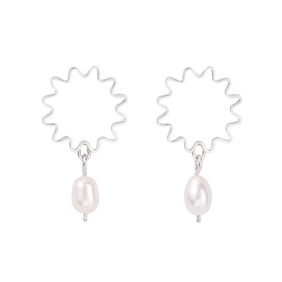 Mini pearl earrings by Olivia Taylor, a pair of silver earrings with pearl droplet. | Contemporary, sustainable jewellery for sale at The Biscuit Factory Newcastle