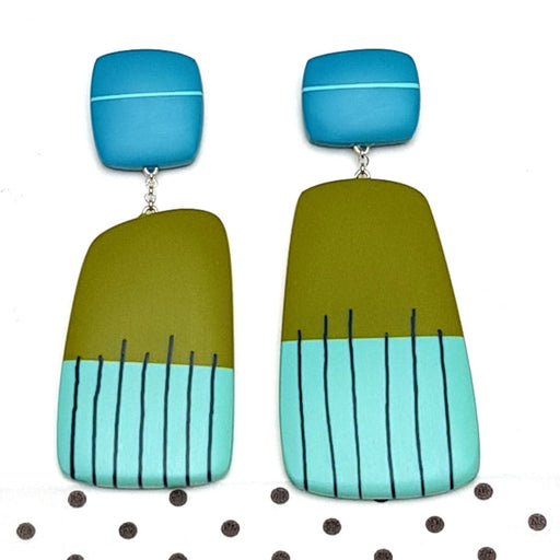 Brush Stripe Earrings by Kaz Robertson, a pair of green and blue earrings with black stripes | Unique handmade jewellery for sale at The Biscuit Factory Newcastle