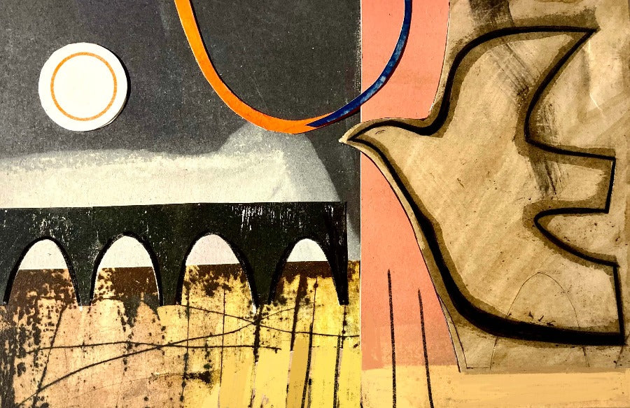 Moon over Bridges by Henrietta Corbett, an abstract mixed media collage. | Contemporary art for sale at The Biscuit Factory Newcastle
