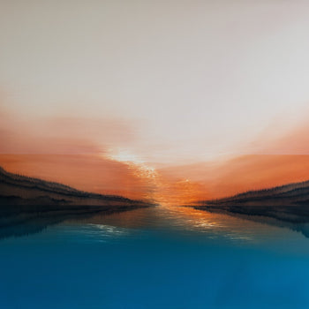 More Swimming Please - an abstract landscape painting in orange and blue by artist Laura Pedley - for sale at The Biscuit Factory Newcastle