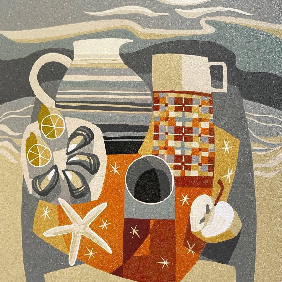 Mussels and Flask by Jane Walker, a colourful still life linocut print. | Original art for sale at The Biscuit Factory Newcastle