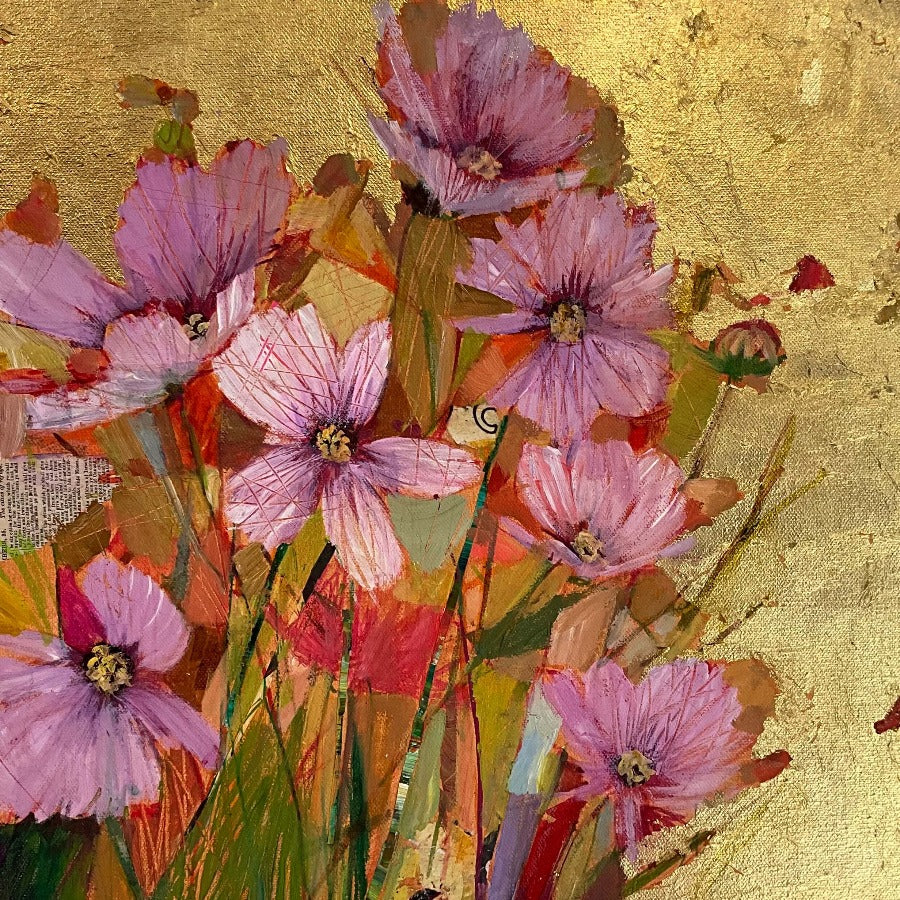 October Cosmos by Sally Anne Fitter. An original floral, still life painting in bright pink and gold . Original still life art for sale at The Biscuit Factory Newcastle