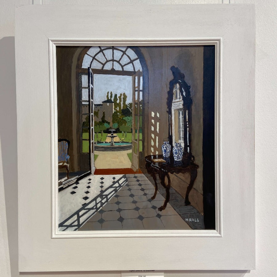 Open Doors to Sunshine by Mike Hall, an original painting of a grand hallway with doors opening to a sunny garden. | Original art for sale at The Biscuit Factory Newcastle