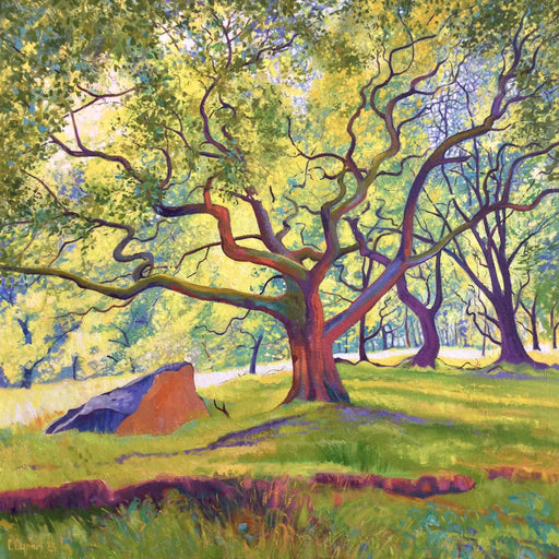 Colorful painting of a large tree in a forest with a rock and grass.