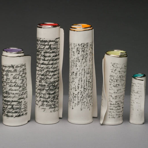 Script Scroll Vase by Diane Griffin, ceramic vases with script decoration and colourful interiors. | Original gifts and homeware for sale at The Biscuit Factory Newcastle