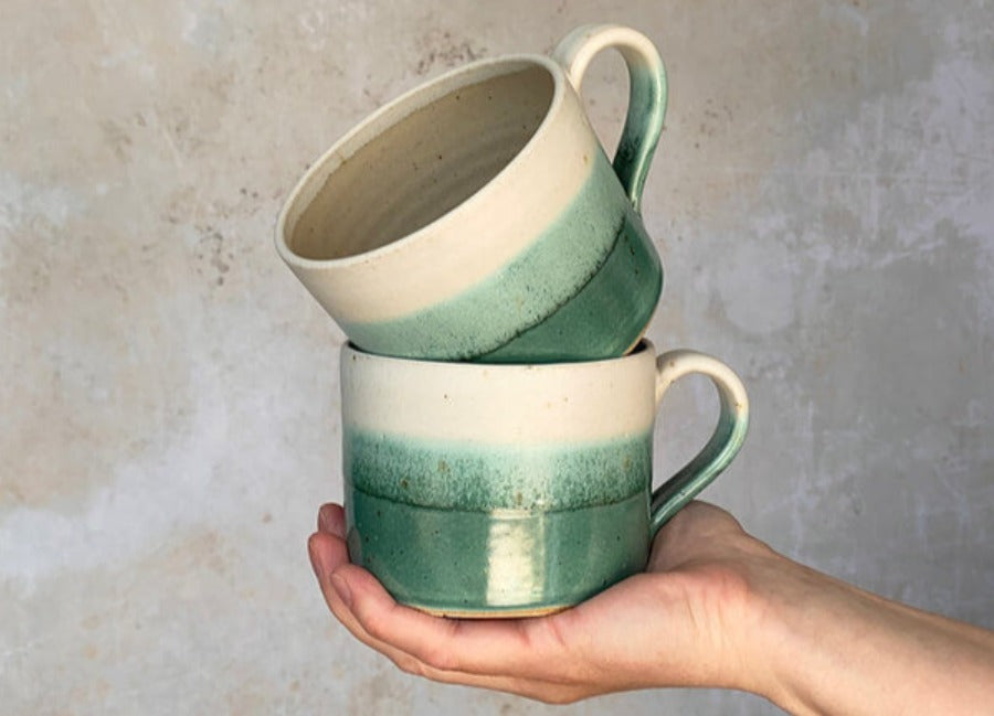 Short Mug by Emily Doran, a pair of handmade mugs with green glaze. | Unique handmade homewares for sale at The Biscuit Factory Newcastle