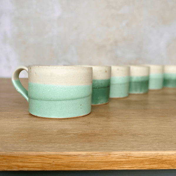 Short Mugs by Emily Doran, a collection of handmade mugs with green glaze. | Unique handmade homewares for sale at The Biscuit Factory Newcastle
