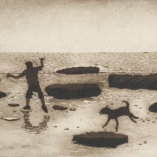 Stepping Stones by Tim Southall, a limited edition print of a man and a dog on a beach