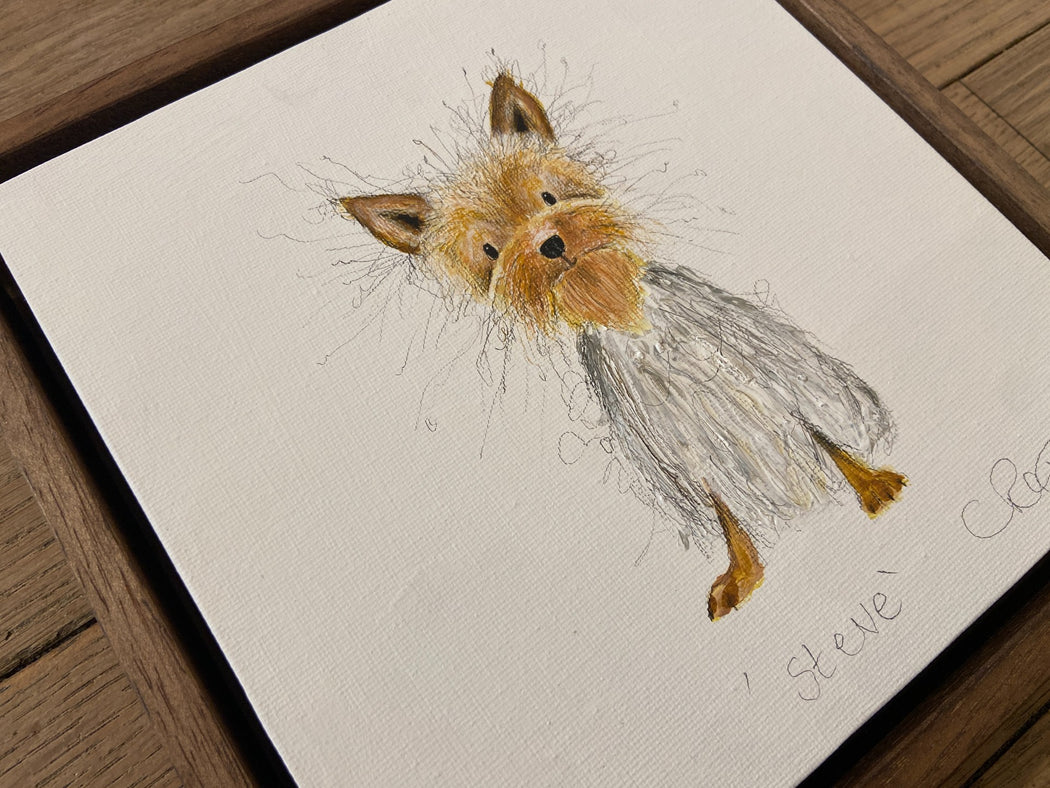 An original illustration/painting of a dog by artist Catherine Rayner in a dark wooden frame.