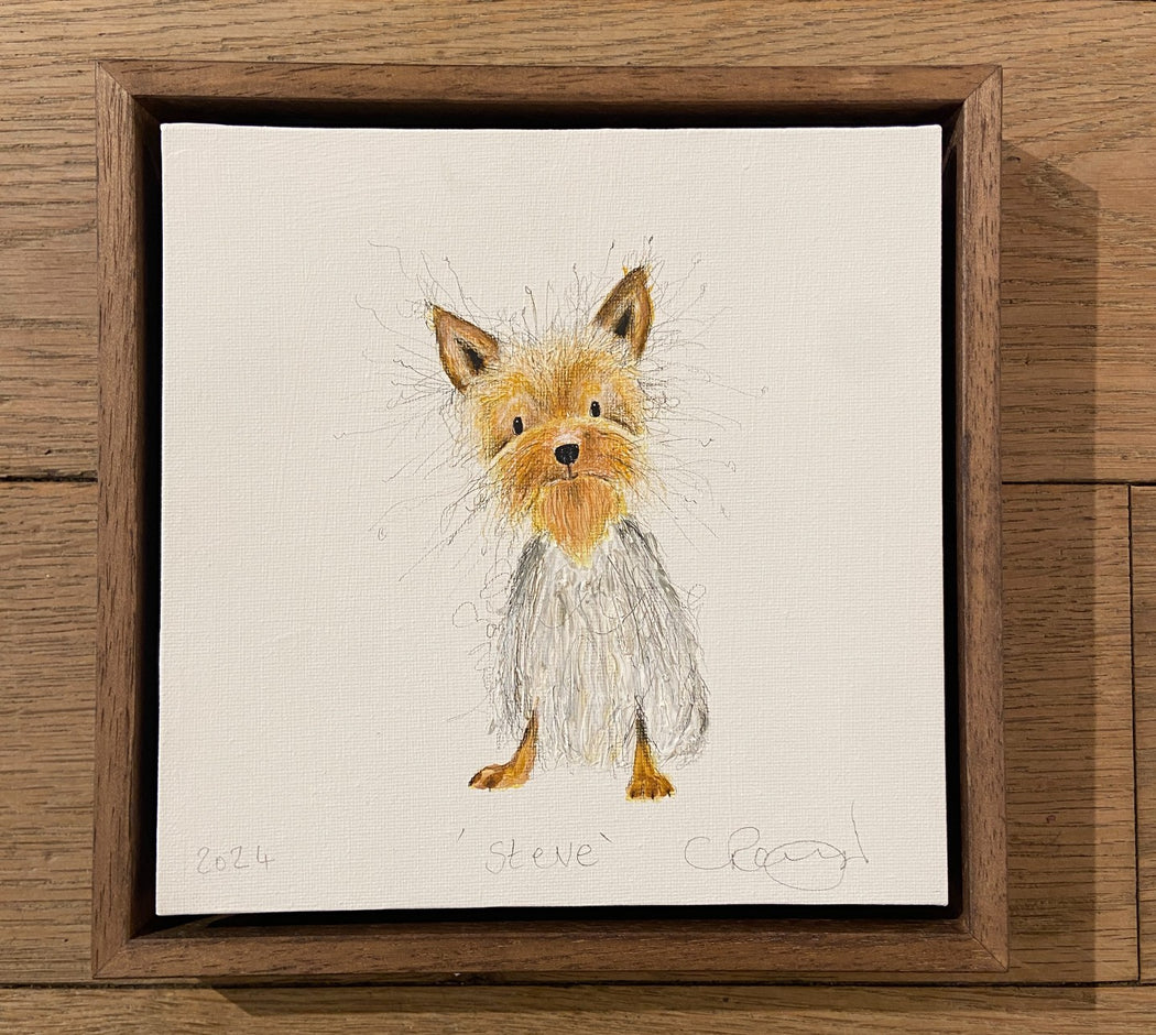 An original illustration/painting of a dog by artist Catherine Rayner in a dark wooden frame.