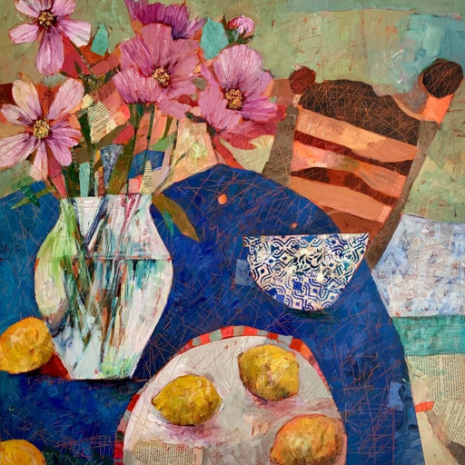 The Blue Table by Sally Anne Fitter. An original floral, still life painting in bright colours . Original still life art for sale at The Biscuit Factory Newcastle