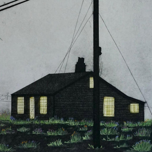 The Cottage by Sarah Morgan | Contemporary Collagraphy print of Dungeness Cottage for sale at The Biscuit Factory